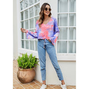 長袖カットソー レディース 婦人服 トップス プルオーバー Vネック フレアスリーブ タイダイ柄 プリント マーブル フェイクボタン 絞り染め風 おしゃれ かわいい 普段使い カジュアル