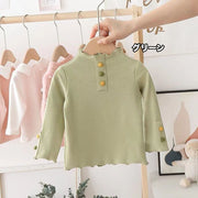 カットソー 長袖 ロングTシャツ キッズ ベビー トップス 子供服 女の子 男の子 クルーネック メロウフリル 飾りボタン シンプル 無地 定番 カジュアル 遊び着 通園