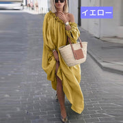 ロング丈ワンピース マキシ 長袖 ビッグシルエット Aライン フレア ギャザー レディース 女性 ゆるシルエット おしゃれ 肩だし オフショルダー ゆったり 体形カバー 婦人 リゾート パーティー 袖口紐 調整