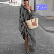 ロング丈ワンピース マキシ 長袖 ビッグシルエット Aライン フレア ギャザー レディース 女性 ゆるシルエット おしゃれ 肩だし オフショルダー ゆったり 体形カバー 婦人 リゾート パーティー 袖口紐 調整
