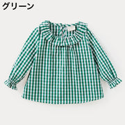 ブラウス キッズ ベビー 子供用 女の子 トップス 長袖 襟付き ベルスリーブ フリル バックボタン 格子柄 チェック柄 カジュアル お洒落 お出かけ 普段使い 女児 子供服