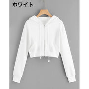 ジップアップパーカー レディース 女性 長袖 ショート丈 クロップド 無地 シンプル フード付き おしゃれ カジュアル スポーティー 前開き ファスナー付き フーディー トップス アウター 婦人用