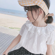 ブラウス プルオーバー 子供用 キッズ ベビー 女の子 子供服 トップス 半袖 丸襟 丸首 袖ゴム 花柄 白 オフホワイト フリル かわいい