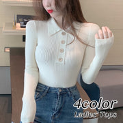 ニット 長袖 レディース 女性用 トップス Vネック 無地 襟付き セーター リブニット ボタン 着回し 定番 おしゃれ カジュアル お出かけ デイリー デート 旅行 女の子 婦人服