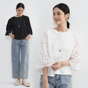 カットソー 五分袖 半袖 レディース トップス レース 透け感 ラウンドネック おしゃれ かわいい カジュアル 女性用 黒 白