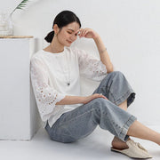 カットソー 五分袖 半袖 レディース トップス レース 透け感 ラウンドネック おしゃれ かわいい カジュアル 女性用 黒 白