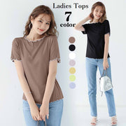 カットソー Tシャツ 半袖 レディース トップス ボートネック プルオーバー フリル 婦人服 無地 ソリッドカラー シンプル メロー加工 カジュアル 部屋着 着回し 外出 お出掛け ラフ 普段着 デイリー