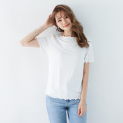 カットソー Tシャツ 半袖 レディース トップス ボートネック プルオーバー フリル 婦人服 無地 ソリッドカラー シンプル メロー加工 カジュアル 部屋着 着回し 外出 お出掛け ラフ 普段着 デイリー
