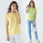 カットソー Tシャツ 半袖 レディース トップス ボートネック プルオーバー フリル 婦人服 無地 ソリッドカラー シンプル メロー加工 カジュアル 部屋着 着回し 外出 お出掛け ラフ 普段着 デイリー