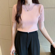 ニット ニットソー レディース 女性用 婦人用 トップス プルオーバー カットソー 半袖 クルーネック リブ 無地 単色 シンプル かわいい おしゃれ デイリー 着まわし ヘビロテ