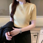 ニット ニットソー レディース 女性用 婦人用 トップス プルオーバー カットソー 半袖 クルーネック リブ 無地 単色 シンプル かわいい おしゃれ デイリー 着まわし ヘビロテ