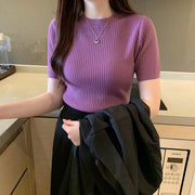 ニット ニットソー レディース 女性用 婦人用 トップス プルオーバー カットソー 半袖 クルーネック リブ 無地 単色 シンプル かわいい おしゃれ デイリー 着まわし ヘビロテ