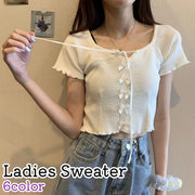 セーター ニット レディース 女性 婦人 トップス 半袖 ショート丈 クロップド丈 リボン メロウフリル へそ出し 白 黒 青 黄色 単色 おしゃれ かわいい 可愛い シンプル お出かけシーン