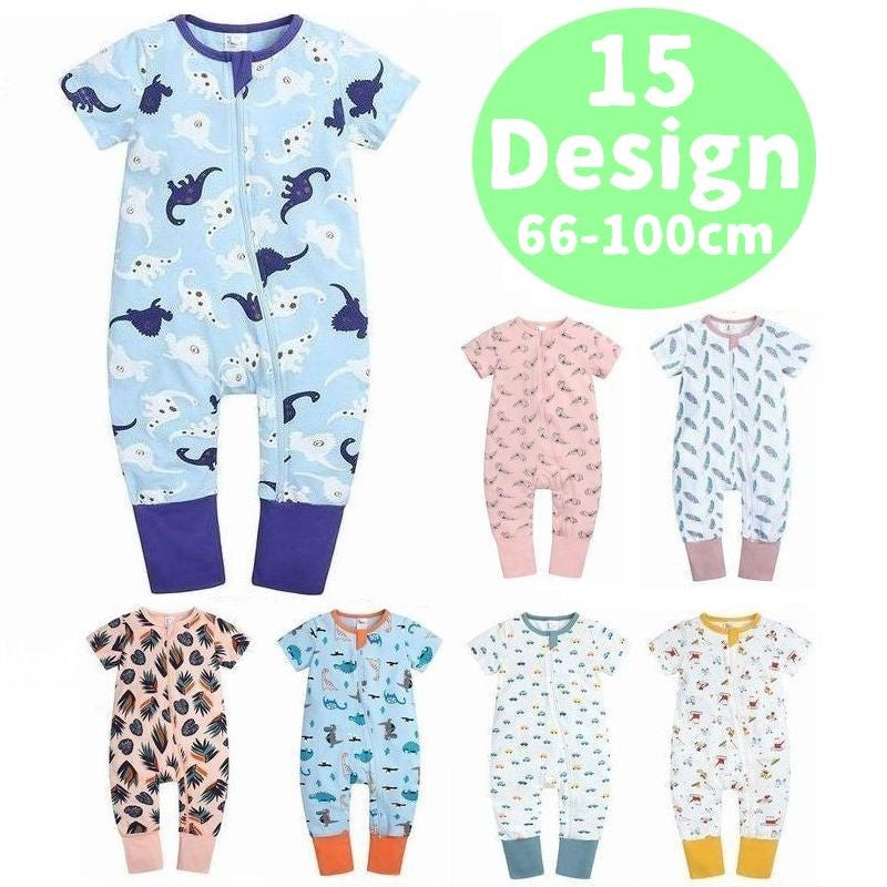 ロンパース カバーオール ベビー服 総柄 半袖 長ズボン 前開き ジップアップ チャック 赤ちゃん 女の子 男の子 かわいい つなぎ ロングパンツ