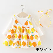 ワンピース 長袖 子供服 ベビー キッズ 女の子フェイクレイヤード 重ね着風 2点セット ヘアバンド付き ヘアアクセサリー レモン柄 リボン かわいい おしゃれ ミニ丈 ラウンドネック カシュクール フレア お出かけ カジュアル 後ろファスナー 女児 こども