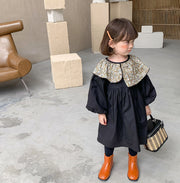 ワンピース キッズ 子供服 女の子 長袖 襟付き ボタン パフスリーブ 膝丈 スカート かわいい おしゃれ お出かけ カジュアル