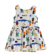 キッズワンピース ワンピース 子供服 キッズ服 ベビー服 ノースリーブ 膝丈 ラウンドネック V字 リボン フレア トロピカル ハワイアン ワニ フラミンゴ 子供 こども キッズ ベビー 夏 サマー 可愛い かわいい ポップ カジュアル 柄 ブルー ホワイト 青 白