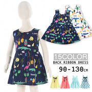 キッズワンピース ワンピース 子供服 キッズ服 ベビー服 ノースリーブ 膝丈 ラウンドネック V字 リボン フレア トロピカル ハワイアン ワニ フラミンゴ 子供 こども キッズ ベビー 夏 サマー 可愛い かわいい ポップ カジュアル 柄 ブルー ホワイト 青 白
