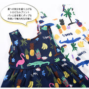 キッズワンピース ワンピース 子供服 キッズ服 ベビー服 ノースリーブ 膝丈 ラウンドネック V字 リボン フレア トロピカル ハワイアン ワニ フラミンゴ 子供 こども キッズ ベビー 夏 サマー 可愛い かわいい ポップ カジュアル 柄 ブルー ホワイト 青 白