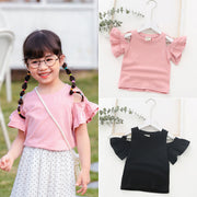 カットソー トップス 子供用 キッズ ベビー 女の子 半袖 肩出し フレアスリーブ クルーネック 春夏 無地 かわいい ホワイト ピンク