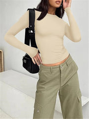 長袖Tシャツ ロングTシャツ レディース 女性 トップス ラウンドネック 丸首 フィット 短め シンプル 単色 無地 着回し ロンティー