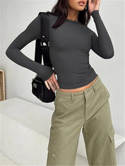 長袖Tシャツ ロングTシャツ レディース 女性 トップス ラウンドネック 丸首 フィット 短め シンプル 単色 無地 着回し ロンティー