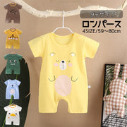 ロンパース カバーオール 半袖 ベビー服 ベビーウェア 赤ちゃん 新生児 男の子 女の子 80cm 73cm 59cm ショート丈 ラウンドネック 丸首 スナップボタン 動物柄 春夏 かわいい