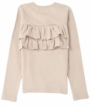 子供服 女の子 ガールズ フリル トップス フリルトップス カットソー ロンT 長袖Tシャツ Tシャツ バックフリル キッズ ジュニア 100 110 120 130 140 ラウンドネック 丸首 かわいい 可愛い 10分袖 十分袖 シンプル くすみカラー 無地 着まわし 着回し ヘビロテ カラバリ豊富 通園 通学 女児 ベビー服