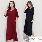 ワンピース ロングワンピース Vネック 半袖 レディース サイドスリット シンプル 無地 単色 カジュアル ラフ ゆったり 楽ちん 普段使い お出かけ 着回し