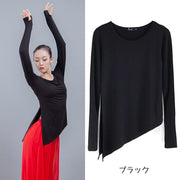 カットソー アシメヘム ロンT レディース トップス 指穴 長袖 Tシャツ ラウンドネック サイドスリット アシンメトリー 無地 スリム ダンス バレエ レッスン着 ブラック レッド ホワイト ブルー カーキ