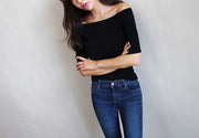 カットソー Tシャツ 半袖 レディース 無地 シンプル カジュアル オフショルダー オフショル ボートネック タイト スリム 5分袖 バックシャン バックコンシャス トップス ホワイト ブラック グレー ブルー セクシー 普段着 普段使い デイリー 着回し 合わせやすい 春 夏 秋 女性 ガールズ 婦人用 フリーサイズ