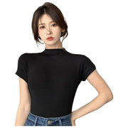 カットソー 半袖 Tシャツ レディース トップス モックネック スリム タイト 婦人服 女性用 プルオーバー シンプル 大きいサイズあり カジュアル 着回し お出掛け M L XL 2XL