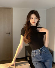 カットソー 半袖 Tシャツ レディース トップス モックネック スリム タイト 婦人服 女性用 プルオーバー シンプル 大きいサイズあり カジュアル 着回し お出掛け M L XL 2XL