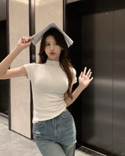 カットソー 半袖 Tシャツ レディース トップス モックネック スリム タイト 婦人服 女性用 プルオーバー シンプル 大きいサイズあり カジュアル 着回し お出掛け M L XL 2XL