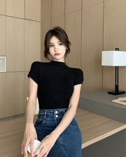 カットソー 半袖 Tシャツ レディース トップス モックネック スリム タイト 婦人服 女性用 プルオーバー シンプル 大きいサイズあり カジュアル 着回し お出掛け M L XL 2XL