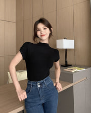 カットソー 半袖 Tシャツ レディース トップス モックネック スリム タイト 婦人服 女性用 プルオーバー シンプル 大きいサイズあり カジュアル 着回し お出掛け M L XL 2XL
