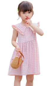 ワンピース キッズ ベビー ガール 女の子 ノースリーブ チェック 大きい襟 春 夏 可愛い お洒落 80cm 90cm 100cm 110cm 120cm 130cm