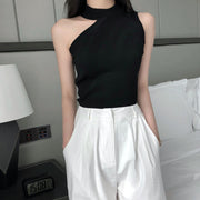 ニット ノースリーブ チョーカーネック トップス レディース 女性 婦人服 サマーニット アシンメトリー 無地 単色 シンプル かわいい おしゃれ