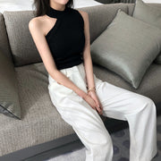 ニット ノースリーブ チョーカーネック トップス レディース 女性 婦人服 サマーニット アシンメトリー 無地 単色 シンプル かわいい おしゃれ