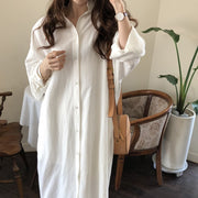 シャツワンピース ワンピース レディース 女性 婦人服 長袖 前開き 前ボタン ロング丈 マキシ丈 無地 単色 オープンカラー ポケット付き 大きいサイズ ゆったり ラフ ふんわり シンプル おしゃれ かわいい カジュアル お出かけ 白 カーキ ピンク 青 ネイビー