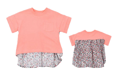 カットソー Tシャツ 異素材切り替え 半袖 子供服 キッズ ピーチピンク×フラワー バリエーション画像