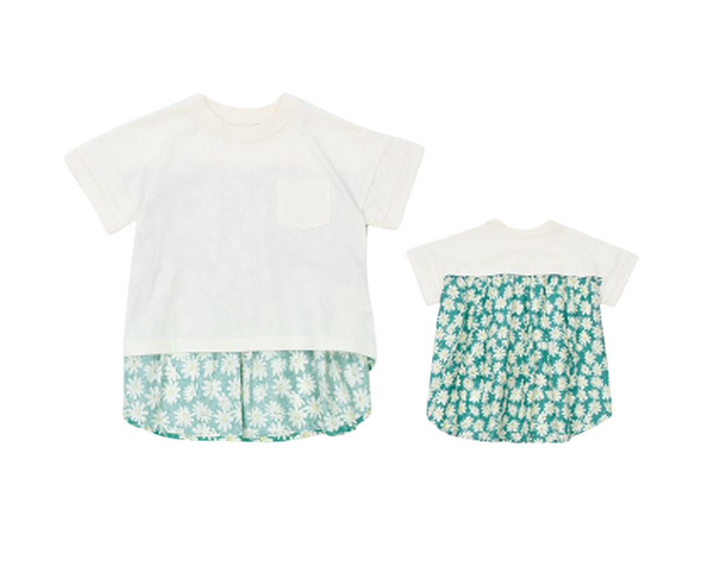 カットソー Tシャツ 異素材切り替え 半袖 子供服 キッズ ホワイト×フラワー バリエーション画像