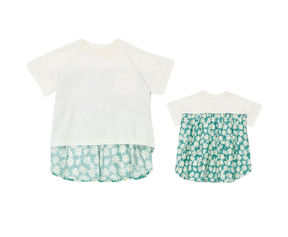 カットソー Tシャツ 異素材切り替え 半袖 子供服 キッズ ホワイト×フラワー バリエーション画像