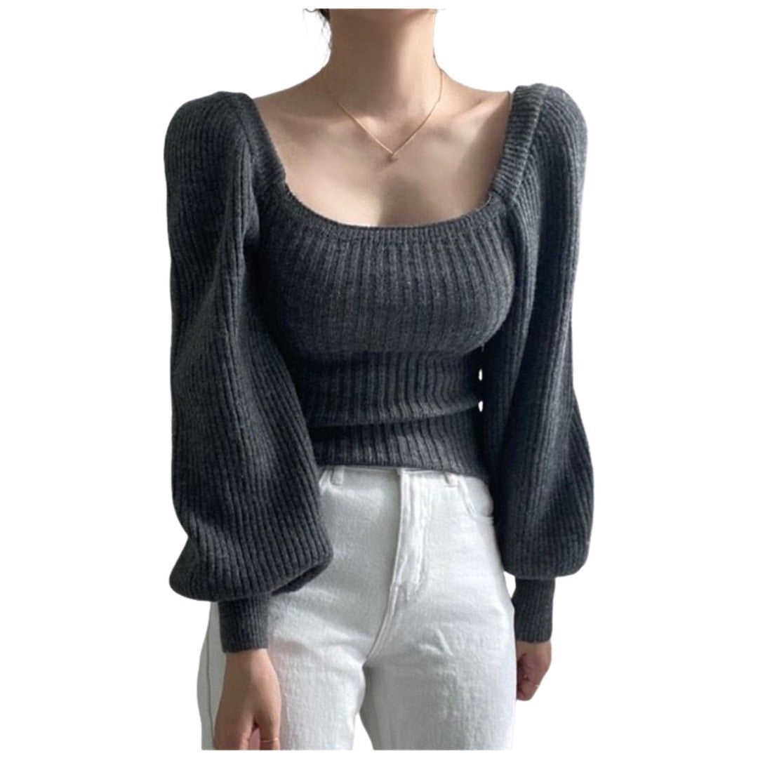 ニット セーター レディース 女性用 トップス 長袖 スクエアネック バルーンスリーブ ボリューム袖 無地 単色 リブ おしゃれ シンプル カジュアル 可愛い 暖かい あったか 普段使い おでかけ 通勤 着まわし 秋 冬