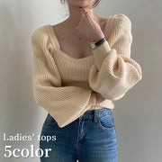 ニット セーター レディース 女性用 トップス 長袖 スクエアネック バルーンスリーブ ボリューム袖 無地 単色 リブ おしゃれ シンプル カジュアル 可愛い 暖かい あったか 普段使い おでかけ 通勤 着まわし 秋 冬
