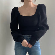 ニット セーター レディース 女性用 トップス 長袖 スクエアネック バルーンスリーブ ボリューム袖 無地 単色 リブ おしゃれ シンプル カジュアル 可愛い 暖かい あったか 普段使い おでかけ 通勤 着まわし 秋 冬