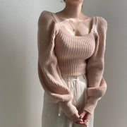 ニット セーター レディース 女性用 トップス 長袖 スクエアネック バルーンスリーブ ボリューム袖 無地 単色 リブ おしゃれ シンプル カジュアル 可愛い 暖かい あったか 普段使い おでかけ 通勤 着まわし 秋 冬