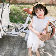 ワンピース ドレス キッズ ジュニア 子ども 子供服 女の子 ガール 女児 ベビー ノースリーブ 袖なし フレア 膝丈 膝下 フリル レース チュール おしゃれ かわいい ガーリー 無地 シンプル 結婚式 パーティー フォーマル セレモニー 背中 ボタン フラワー 白
