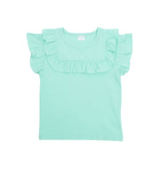 子供服 半袖 Tシャツ 女の子 ガールズ カットソー フリル トップス  袖フリル バックフリル キッズ ジュニア トップス 春服 夏服 かわいい 可愛い ガーリー 着まわし 着回し ヘビロテ 無地 シンプル ラウンドネック クルーネック 丸首 通園 通学 子ども プラスナオ