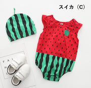 ベビー服 女の子 男の子 ロンパース カバーオール ボディースーツ ノースリーブ 帽子付き 2点セット ラウンドネック ベビー用 ボディスーツ コスプレ 夏  股下スナップボタン おしゃれ 可愛い かわいい 女児 男児 赤ちゃん 幼児 キッズ 子供服 子ども服 こども服 ボーダー柄 アニマル 動物 イルカ ペンギン 蜜蜂 スイカ 苺 テントウムシ 兎